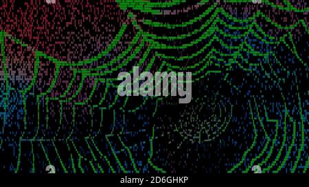 Grünes digitales Spinnennetz in buntem Binärcode auf schwarzem Hintergrund. Künstlerische dunkle Textur mit Spinnennetz-Falle im Cyberspace. Abstrakte Internetbedrohungen.