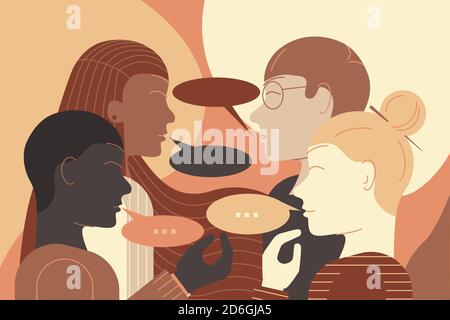 Gruppe von jungen Menschen verschiedener Ethnien, die ein Gespräch von Angesicht zu Angesicht führen. Antirassismus Illustrationen. Stock Vektor