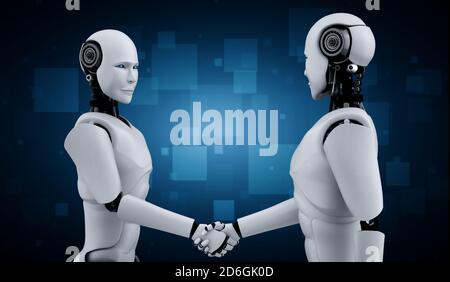 3D Rendering humanoide Roboter Handshake zur Zusammenarbeit zukünftige Technologieentwicklung von KI denken Gehirn, künstliche Intelligenz und maschinelles Lernen Stockfoto