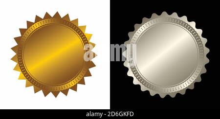 Set Vektor rund Gold und Silber Abzeichen isoliert, Siegel Stempel Gold Luxus elegante Banner-Symbol, Vektor Illustration Zertifikat Silber Folie Siegel oder med Stock Vektor
