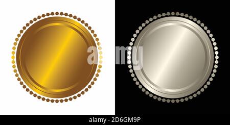 Set Vektor rund Gold und Silber Abzeichen isoliert, Siegel Stempel Gold Luxus elegante Banner-Symbol, Vektor Illustration Zertifikat Silber Folie Siegel oder med Stock Vektor