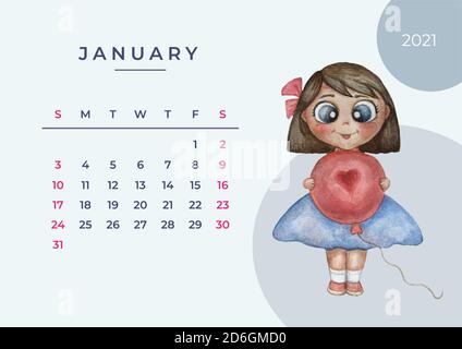 Kalender 2021 Aquarell. Kalender für 2021, vorlage januar 2021. Aquarell Illustration - hübsches Mädchen mit einem Ballon. Design Planer, Briefpapier Stock Vektor