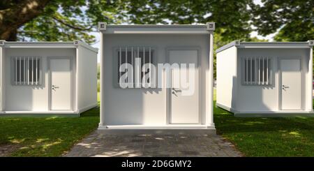 Container-Boxen in Bürogebäude umgewandelt. Mobile Industriekabinen auf grünem Naturparkhintergrund. 3d-Illustration Stockfoto