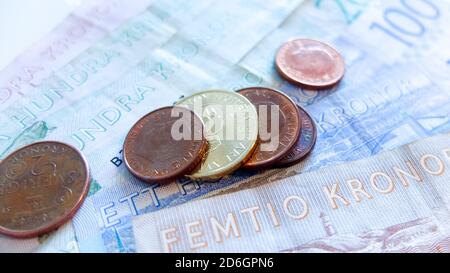 Schwedische Kronen Banknoten und Münzen, Geld, Währung von Schweden Stockfoto