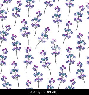 Kleine bunte blaue Beeren, handbemalte Aquarell-Illustration, nahtlose Muster-Design auf weißem Hintergrund Stockfoto