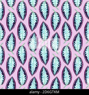 Maranta gestreifte Blätter, handbemalt Aquarell Illustration nahtlose Muster-Design auf weichem rosa Hintergrund Stockfoto