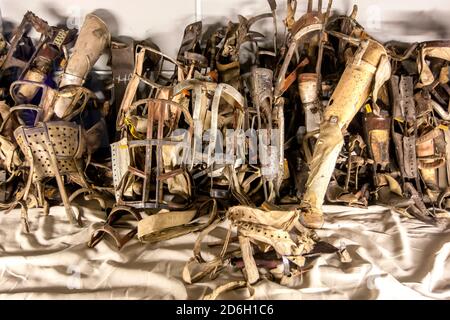 Eine Sammlung von Prothesen, die von Gefangenen im Staatlichen Museum Auschwitz-Birkenau in Oswiecim in Polen entfernt wurden. Stockfoto