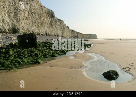 Die Strände unter den hohen weißen Klippen am Ufer des Kanals bei Escalles in Frankreich mit den Ruinen der deutschen Bunker aus dem zweiten Weltkrieg. Stockfoto