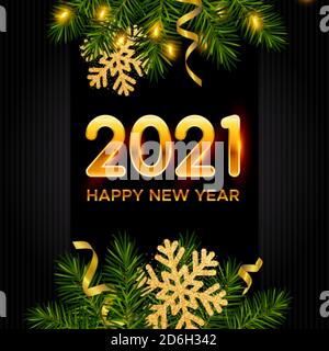 Neujahr dunkler Hintergrund mit Kiefernästen glänzend, goldenen Schneeflocken, Lametta, Girlande und Zahlen 2021. Vorlage für Weihnachten und Neujahr Poster Stock Vektor