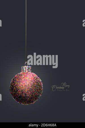 Frohe Weihnachten minimalistisch stilvolles Luxus-Design. Abstrakt Weihnachtskugel auf Gold glänzend Stange hängen, Text Frohe Weihnachten Frohe Weihnachten Frohe Neujahr über dunkel. Grußeinladungskarte, Platz für Text. 3D-Illustration Stockfoto