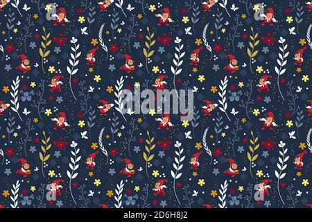 Märchen fantastische gnome nahtlose Muster Hintergrund Zwerg Elf Charakter Posen magische Kobold niedlich Märchen Mann Vektor Illustration. Stock Vektor