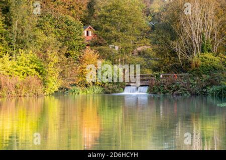 Ruhiger Pool im Herbst in Caerwys, Nordwales Stockfoto