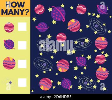 Zählspiel für Vorschulkinder. Pädagogisch ein mathematisches Spiel. Zählen Sie, wie viele Raumschiffe Stock Vektor