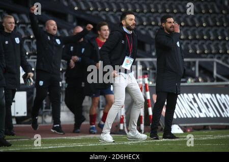 Huddersfield Town Manager Carlos Corberan reagiert nach dem finalen Pfeifen während des Sky Bet Championship Spiels im Liberty Stadium, Swansea. Stockfoto