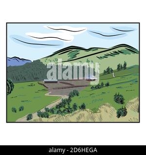 Handgezeichnete Landschaft mit Straße zum Haus und Kiefernwald. Skizzenlinie Stock Vektor