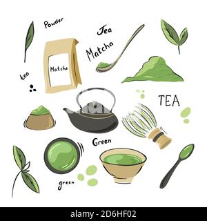 Kollektion von Matcha-Tee-Produkten. Matcha Pulver, Teekanne, Bambuslöffel, Teeblätter,. Handgezeichneter Vektorsatz. Stock Vektor