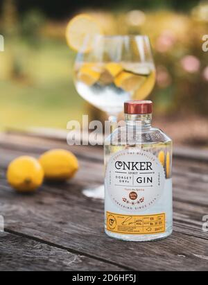 Großes Glas Gin und Tonic Drinks mit Eis und Zitrone mit Conker Dorset Dry Gin Flasche mit Lavendelbüschen im Sommersonnenlicht auf dem Tisch Stockfoto