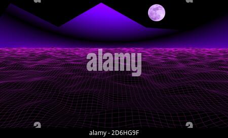 80er und 90er Retro Sci-Fi Hintergrund mit Moonlight. 3D Rendering futuristische Synth Retro Welle Illustration in 1980, 1990er Jahre Poster Stil. Stockfoto