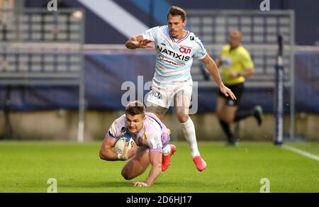 Henry Slade von Exeter Chiefs erzielt beim Finale des European Champions Cup in Ashton Gate, Bristol, den vierten Versuch seiner Mannschaft. Stockfoto