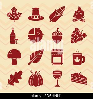 Icon Set aus Danksagung und Weinglas auf braunem Hintergrund, Silhouette Stil, Vektor-Illustration Stock Vektor