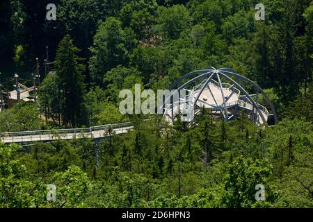 Deutschland, Niedersachsen, Harz, Bad Harzburg. Blick von oben auf den Baumwipfelpfad. Stockfoto