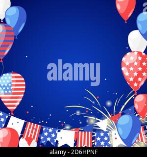 4. Juli USA Independence Day. Abstrakter Rahmen mit Platz für Text. Vektor-Hintergrund mit Feuerwerk, Fahnen und Luftballons. Stock Vektor