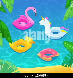 Strand mit bunten Schwimmern im Wasser, Vektor-Illustration. Kinder aufblasbare Spielzeug Flamingo, Ente, Donut, Einhorn. Sommer Urlaub Hintergrund. Stock Vektor