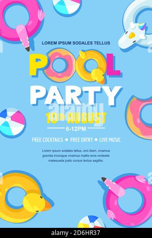 Sommer Pool Party, Vektor-Poster, Banner-Layout. Einhorn, Flamingo, Ente, Ball, Donut cute schwimmt im Wasser. Abbildung von oben. Ein lustiger Urlaub Stock Vektor