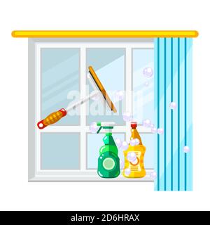 Reinigungsfensterglas mit Rakel, Vektorgrafik isoliert. Hausarbeit Service-Konzept. Stock Vektor