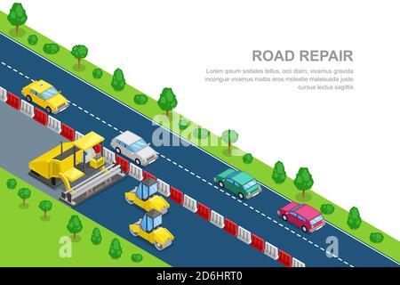 Straßenreparatur und Konstruktion horizontale Banner-Vorlage. Vektor-3D-isometrische Darstellung. Walze und Asphalt Pflastermaschine auf der Baustelle. Stock Vektor