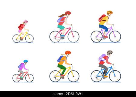 Happy Cycling Familie isoliert auf weißem Hintergrund. Vector flachen Stil Cartoon Illustration von Mama, Papa und Kind Reiten Fahrräder. Stock Vektor