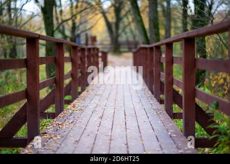 Holzbrücke im Herbst Park , flache Tiefe des Feldes. Stockfoto