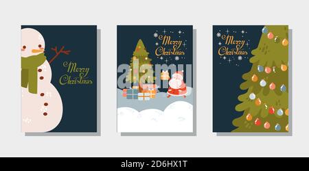 Set von Vektor-Weihnachtskarten mit Weihnachtsmann und Schneemann. Winterlandschaft Stock Vektor