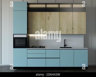 3d-Rendering von blauen Küchenschrank Innenraum Stockfoto
