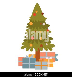 Frohe weihnachts-Postkarte mit Weihnachtsbaum mit Spielzeug und Geschenken Stock Vektor