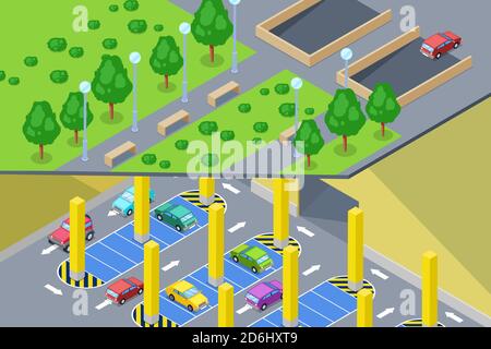 Tiefgarage an der Straße. Vektor-isometrische 3D-Illustration. Städtischer Baubau und Stadtverkehr Verkehrskonzept. Stock Vektor