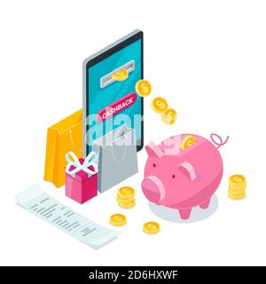 Cashback-Geld, Online-Service-Konzept. Vektor-isometrische 3d-Illustration. Icons für Cash-Back-, Commerce- oder Transferzahlungen mobile Apps. Stock Vektor