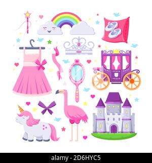 Kleine Prinzessin rosa Ikonen gesetzt. Vektor-Illustration von Einhorn, Burg, Krone, Flamingo, Mädchen Kleid, Regenbogen und Kutsche. Stock Vektor