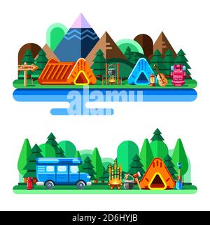 Sommer Camping im Wald und Bergtal, Vektor-flachen Stil Illustration. Abenteuer, Reisen und Öko-Tourismus Konzept. Touristisches Zeltlager, Traile Stock Vektor
