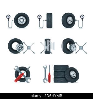 Werkzeuge für Druckdiagnose und Ersatzräder. Autoreifen, Scheiben, Schraubendreher, Schraubenschlüssel, Cross-Key-Vektor-Symbole gesetzt. Design-Element für den Autoservice Stock Vektor