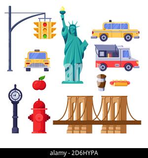 New York City Symbole gesetzt. Vektorfahrt isolierte Illustration. Gelbes Taxi, Freiheitsstatue, Brooklyn Bridge, Street Fast Food Truck Ikonen. Stock Vektor