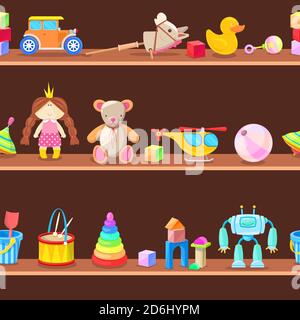 Holzschrank mit Kinderspielzeug auf Regalen. Nahtloser Vektorhintergrund. Illustration für Spielzimmer oder Geschäft. Stock Vektor