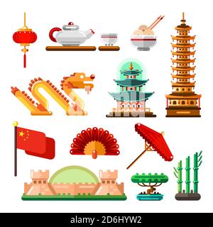 Reisen Sie nach Asien, China Ikonen und isolierte Design-Elemente Set. Vektor Chinesische Kultur Symbole, Wahrzeichen und Essen. Stock Vektor