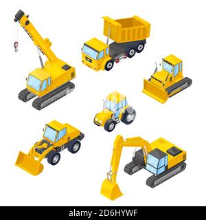 Isolierte Symbole für Sondermaschinen. Vektor 3d Stil isometrische Illustrationen von Bagger, Radlader, Bulldozer, Traktor, Dumper, Kran. Stock Vektor