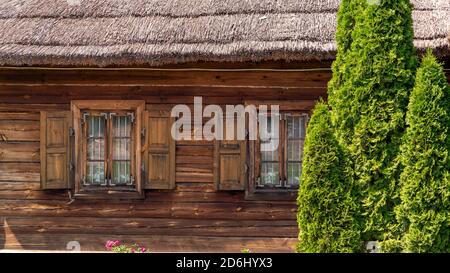 Holzhaus mit Strohdach, wo er lebte Todeusch Kosciuszko in der Nähe der Stadt Kosovo. Juni 2020 Stadt Kosovo. Weißrussland Stockfoto