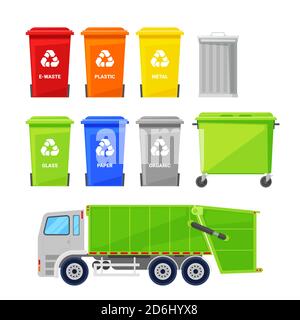 Sortieren und Recycling von Abfällen. Müll mehrfarbige Körbe, bin, Container und Müllwagen, Vektor flache Symbole gesetzt. Stock Vektor
