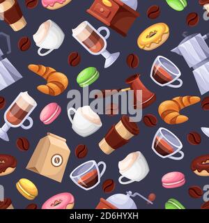 Café-Bar und süße Desserts, Vektor nahtlose schwarze Muster. Cartoon flache Illustration. Textildruck Hintergrund Design Elemente. Stock Vektor