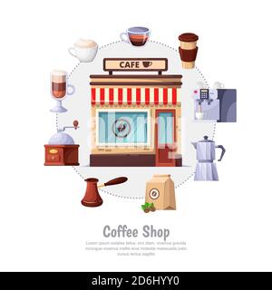 Café-Konzept. Vektorkreiselemente und Designelemente. Straßencafé oder Bäckerei, Cartoon-Illustration isoliert auf weißem Hintergrund. Stock Vektor