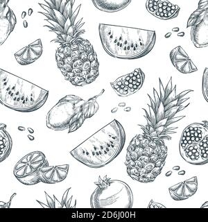 Tropische Früchte nahtloses Vektor-Muster. Skizze handgezeichnete Illustration von Ananas, Zitrone, Wassermelone, Granatapfel. Mode Textildruck oder Rückendruck Stock Vektor