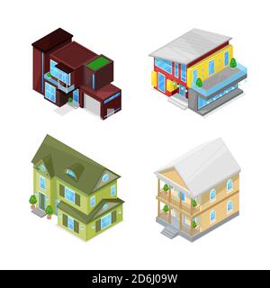 Klassische und moderne Häuser gesetzt. 3d-isometrische Darstellung als Vektor isoliert. Symbole für Immobilien. Stock Vektor